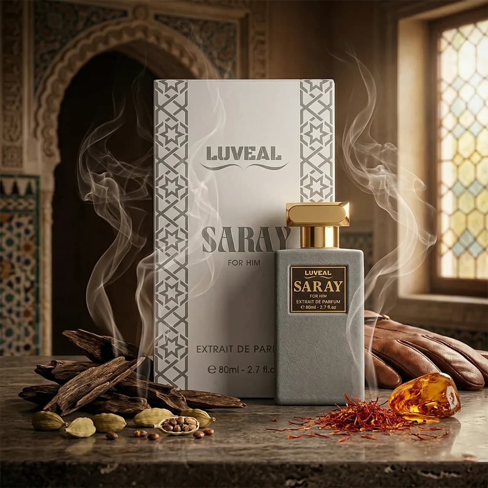 Saray extrait de parfum in a carved alcove with saffron and oud wood