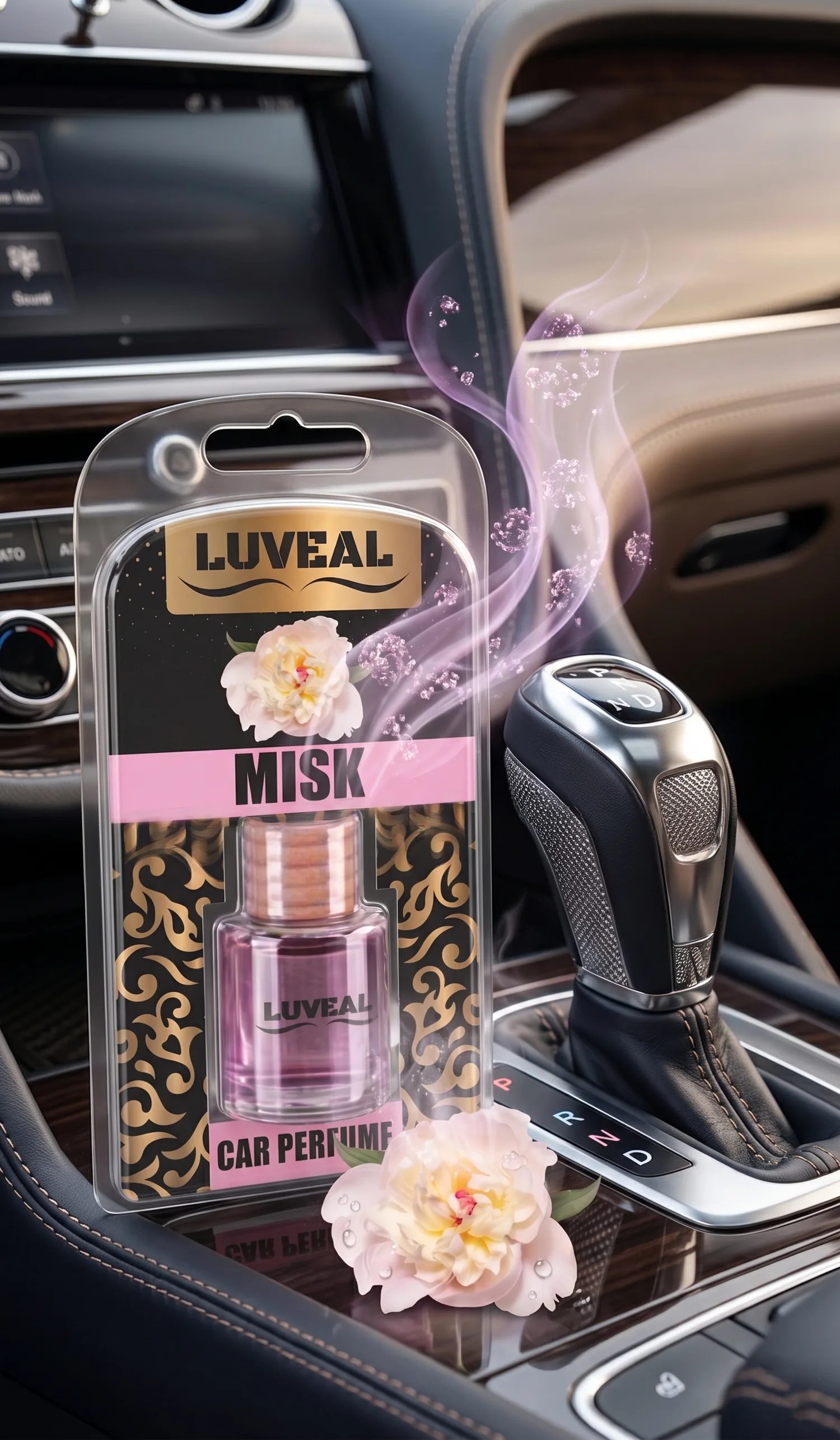 Misk car perfume on a centre console with a peony